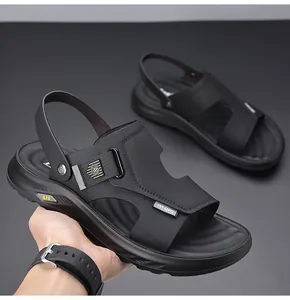 Detail view of men's black summer outdoor sandals with adjustable heel strap