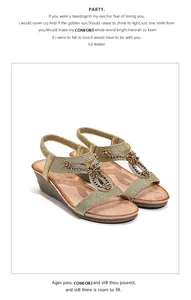 Sandales compensées bohèmes avec brides tissées, strass élégants et décor floral.