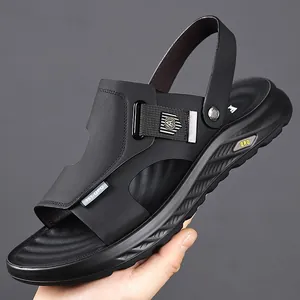 Men's First Layer Cowhide Sandals Outdoor Beach Shoes Summer Casual Lightweight Soft Sole Dual-Use Slippers Walking Shoes