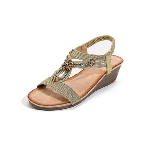 Sandales Compensées Bohémiennes pour Femmes Style Ethnique Fleur en Strass Boucle en Bois Microfibre Bande Élastique Rétro Chaussures de Plage Été