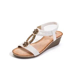 Bohemian wedge sandals with rhinestones and elastic strap for women in elegant white finish