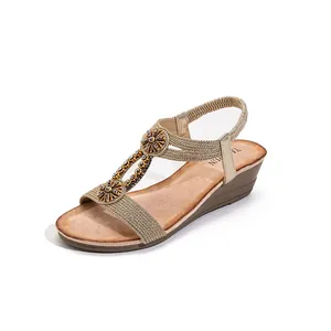 Ethnic style bohemian gold rhinestone wedge sandals with elastic straps for women