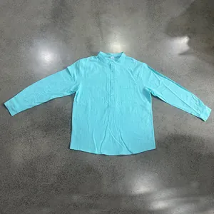 Camicia Henley da uomo in lino ciano a maniche lunghe con tasca sul petto
