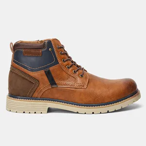 Detailed side view of men's retro brown leather ankle boots with lace-up design