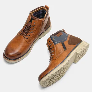 Detailed view of men's vintage brown leather ankle boots showing sole and side profile