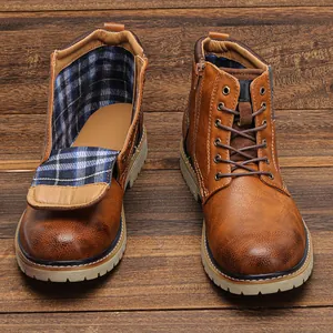 Men's Vintage Distressed PU Leather Ankle Boots Casual Lace-up Side Zipper Boots Non-Slip Fashion Rubber Sole Short Boots