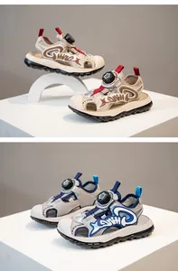 Two pairs of boys' closed-toe sports sandals in beige and grey with rotary buckles