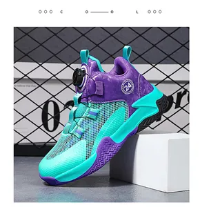 Zapatillas de baloncesto infantiles en lila y verde con cierre de hebilla rotativa