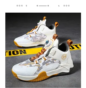 Zapatillas de baloncesto para niños con hebilla giratoria y malla transpirable blanca