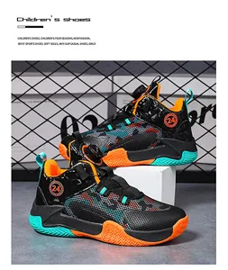 Zapatillas de baloncesto para niños con cierre giratorio y malla en negro y naranja