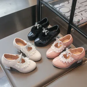 Peuter Meisjes Prinsessenschoenen Lakleer Mary Janes Met Strass Strik Kanten Afwerking Zachte Zool Kinderen Hoge Hakken Feest Trouwschoenen