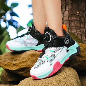 Zapatos de Baloncesto para Niños 2025 Primavera Nuevas Zapatillas Deportivas de Malla Transpirable para Niños Hebilla Giratoria Caña Alta Zapatos Atléticos Antideslizantes