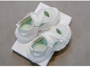White breathable mesh sandals for girls with floral accents and soft thick sneakers sole