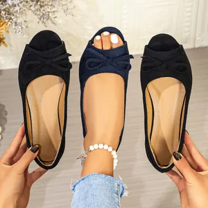 Elegant French style suede peep-toe flat ballet shoes with bow detail for women