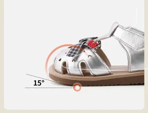 Detail showing the 15-degree ergonomic toe curve on silver baby princess sandals.