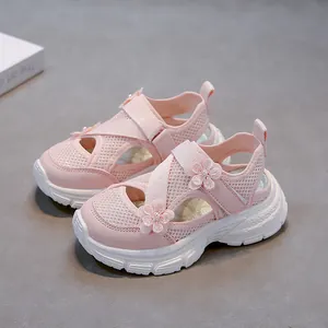 Stylish pink girls floral sandals featuring breathable hollow mesh and soft comfortable soles