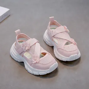 Stylish pink girls sporty sandals with breathable mesh and 3D floral accents for summer