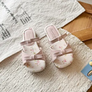 Pink girls' bowknot sandals with floral print insole for summer beach princess style