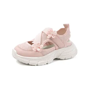 Fashionable pink girls' mesh sandals featuring 3D floral accents and thick soft soles