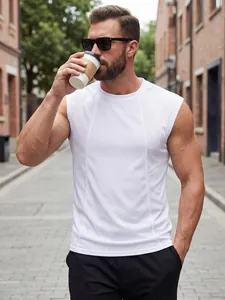 Close-up of men's white breathable mesh spliced tank top in casual urban setting