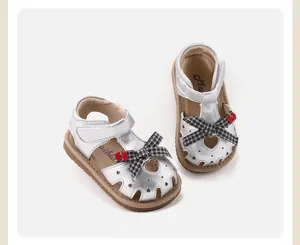 Silver baby girl walking sandals with adorable plaid bow and cherry design details