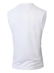 Back view of a white breathable mesh men's sleeveless tank top for sports and leisure