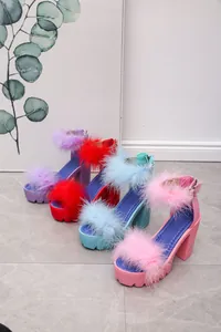Detailed view of colorful chunky heel platform sandals with soft faux fur straps