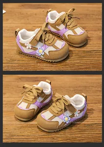 Detailed view of breathable mesh toddler girl walking shoes with floral accents and soft soles
