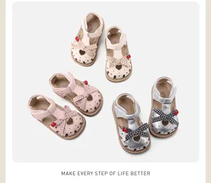Toddler girl closed-toe sandals with plaid bows and cherry details in three colors