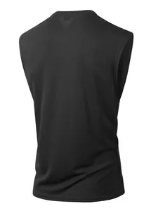 Back view of men's black breathable mesh tank top with wide shoulders