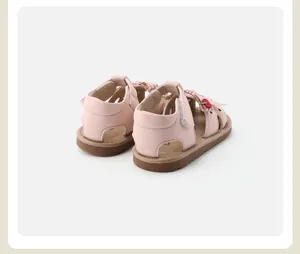 Detailed rear view of cute pink baby girl sandals featuring bow and cherry decorations