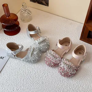 Sparkly crystal princess shoes for girls with soft soles in elegant pink and silver