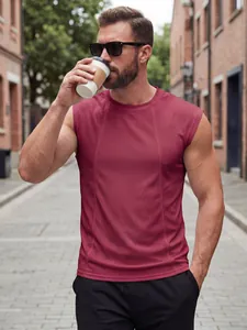 Detail view of men's breathable maroon mesh tank top for outdoor casual lifestyle wear