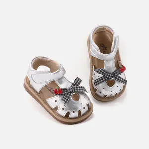 Adorable silver baby girl closed-toe walking shoes with plaid bow and cherry decor