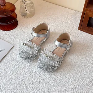 Elegant silver glittery princess shoes for girls with crystal beads and soft soles