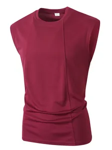 Detail of burgundy men's breathable mesh tank top featuring a round neck design