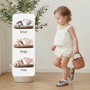 Cute toddler girl closed-toe walker sandals with bow and cherry decoration