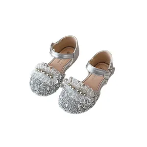 Sparkling silver girls' princess shoes with elegant crystal beads and pearl accents