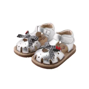 Toddler girl silver closed-toe walking sandals with cute bowknot and non-slip soft sole