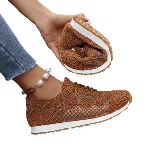 Women's breathable crochet mesh sneakers with flexible sole and lace-up design