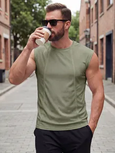 Detail view of men's breathable olive green mesh tank top in outdoor casual style