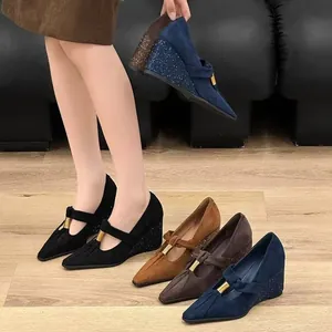 Elegant retro suede pointed toe Mary Jane wedge shoes available in various chic colors