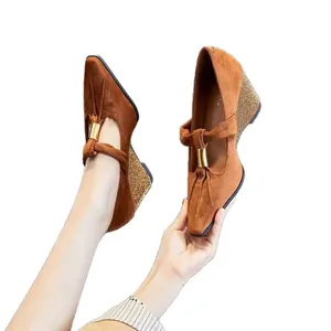 Retro brown suede Mary Jane shoes with pointed toe and stylish wedge heels for women