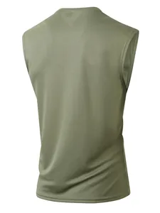 Detail of olive green men's mesh tank top showing breathable fabric texture back view