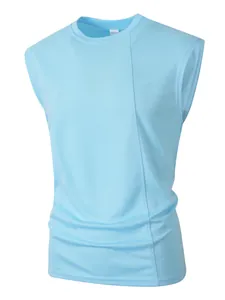 Close-up of a light blue breathable mesh tank top for men with round neck style.