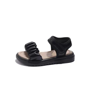 Black girls' summer sandals with ruffled strap and soft sole for beach wear