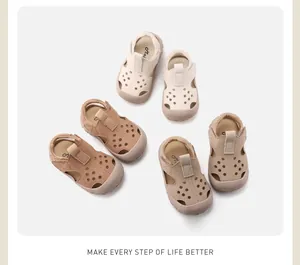 Breathable hollow-out toddler sandals in three earth-tone colors with soft non-slip soles.