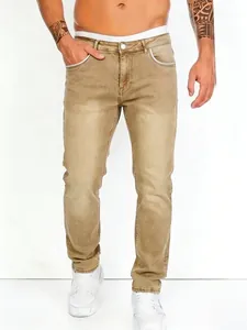 Men's classic slim straight fit stretch denim jeans in tan khaki wash lifestyle view