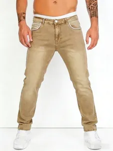 Front view of men's slim fit stretch khaki jeans with classic five-pocket design.