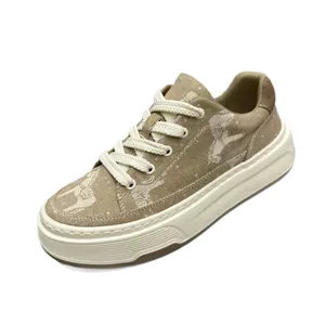 Fashionable men's khaki canvas sneakers featuring horse pattern and thick cream sole